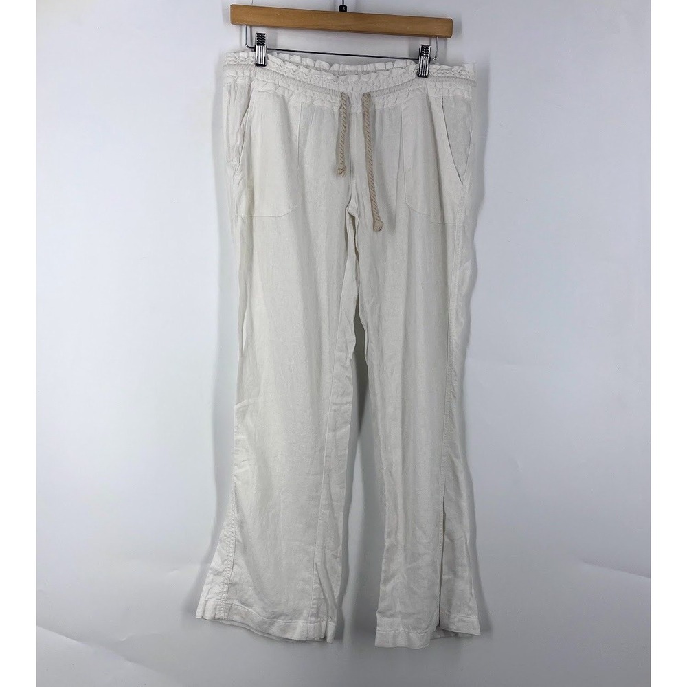 Roxy Womens White Linen Blend Wide Leg Beach Pants Large Smocked Waist Tie